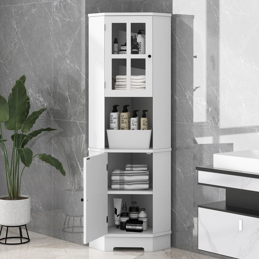 Tall Bathroom Storage Cabinet  Corner Cabinet with Glass Door  Open Storage  Adjustable Shelf