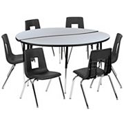 Emma and Oliver 60 Circle Wave Activity Table Set with 18 Student Stack Chairs， Grey/Black