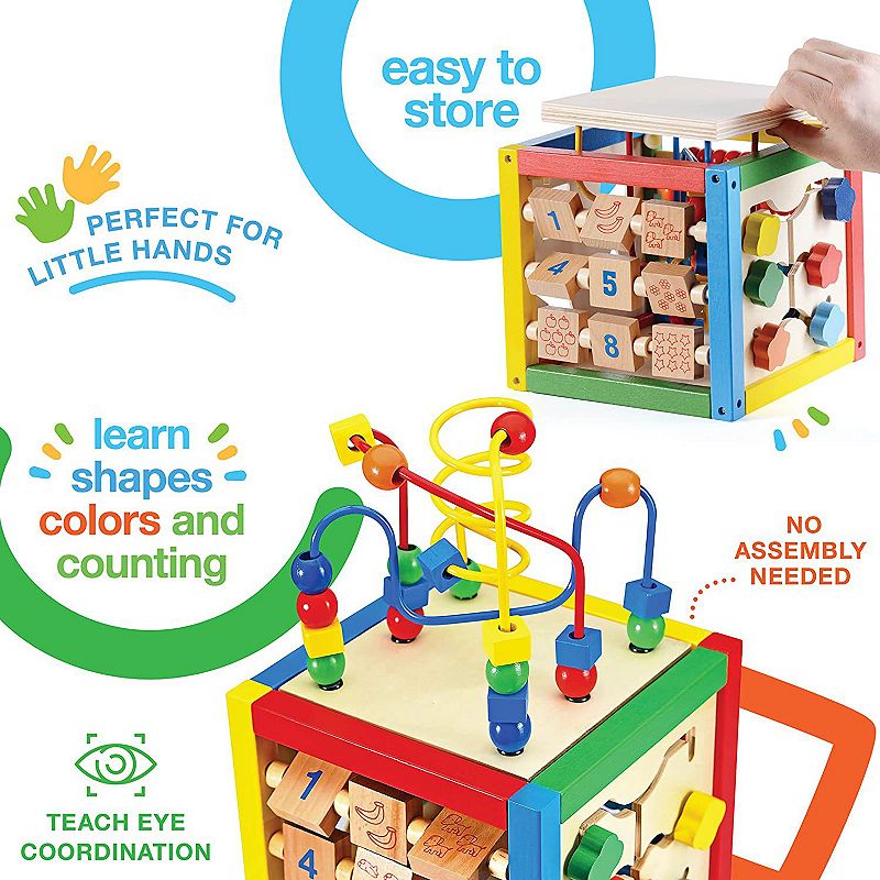 Wooden Activity Play Cube 6 in-1 for Baby with Bead Maze， Shape Sorter， Abacu， Sliding Shapes