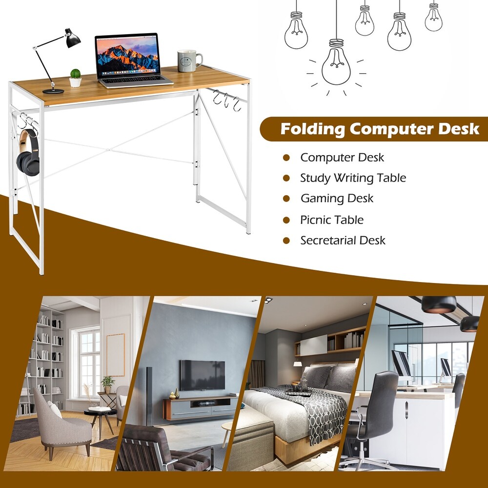 Costway Folding Computer Desk Writing Study Table w/6 Hooks Home