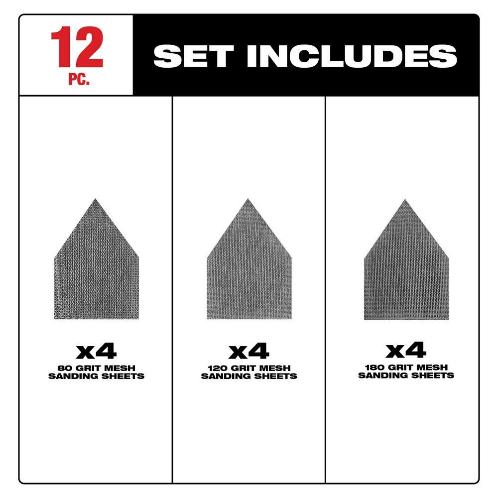 MW Assorted 80 120 and 180 Grit Mesh Sanding Sheets for M12 Orbital Detail Sander 12pk 48-80-5405 from MW