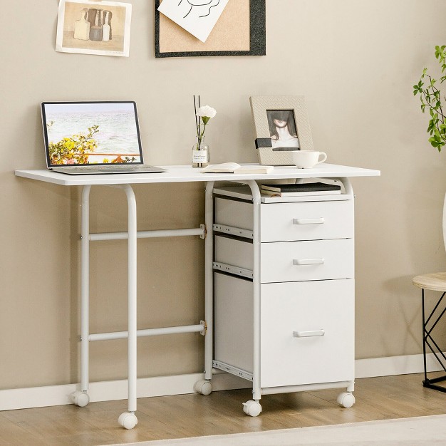 Tangkula Folding Computer Laptop Desk Wheeled Home Office Furniture W 3 Drawers White