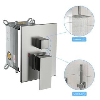 Flynama 3-Spray 12 in. Ceiling Mount Square Rainfall Shower Head with Hand Shower and Faucet in Brushed Nickel Valve Included J-X-W124381878