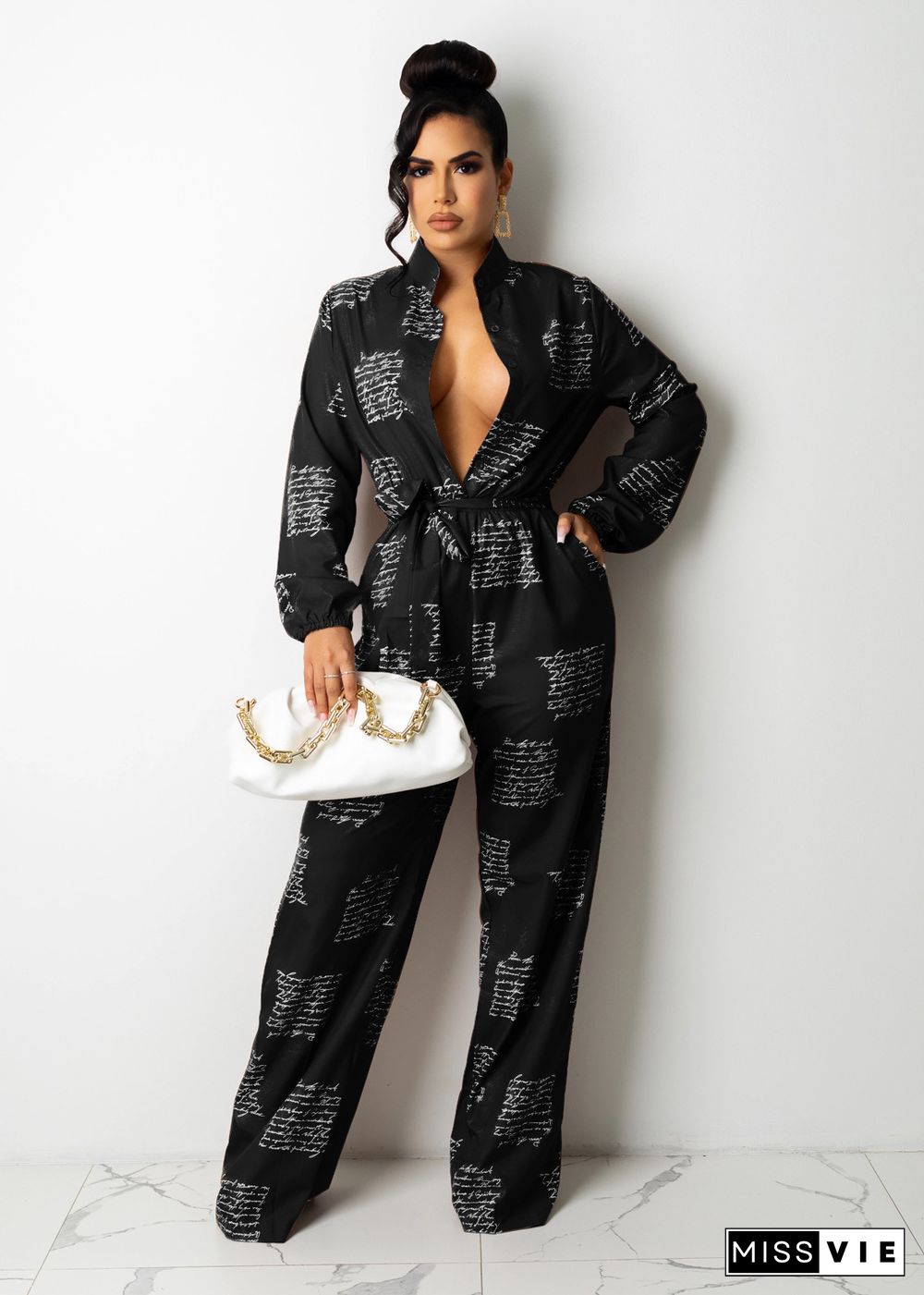 Buttons Up High Waist Long Sleeve Sashes Jumpsuits