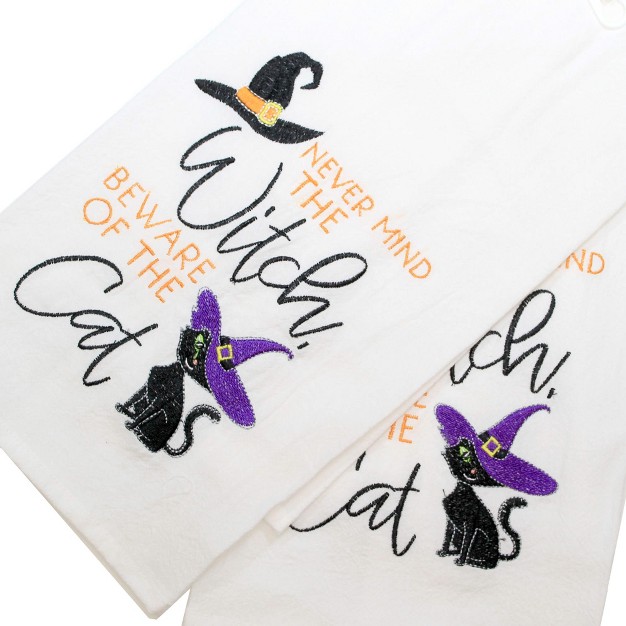 C amp F Enterprises Tabletop Beware Of The Cat Towels Two Kitchen Towels 26 5 Inches Halloween Flour Sack C86171724 Cotton Off white