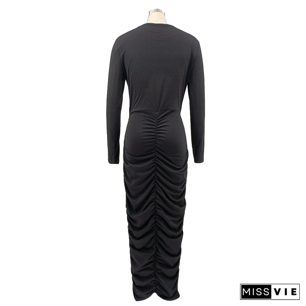 Long Sleeve Round Neck Pleated Bodycon Dress