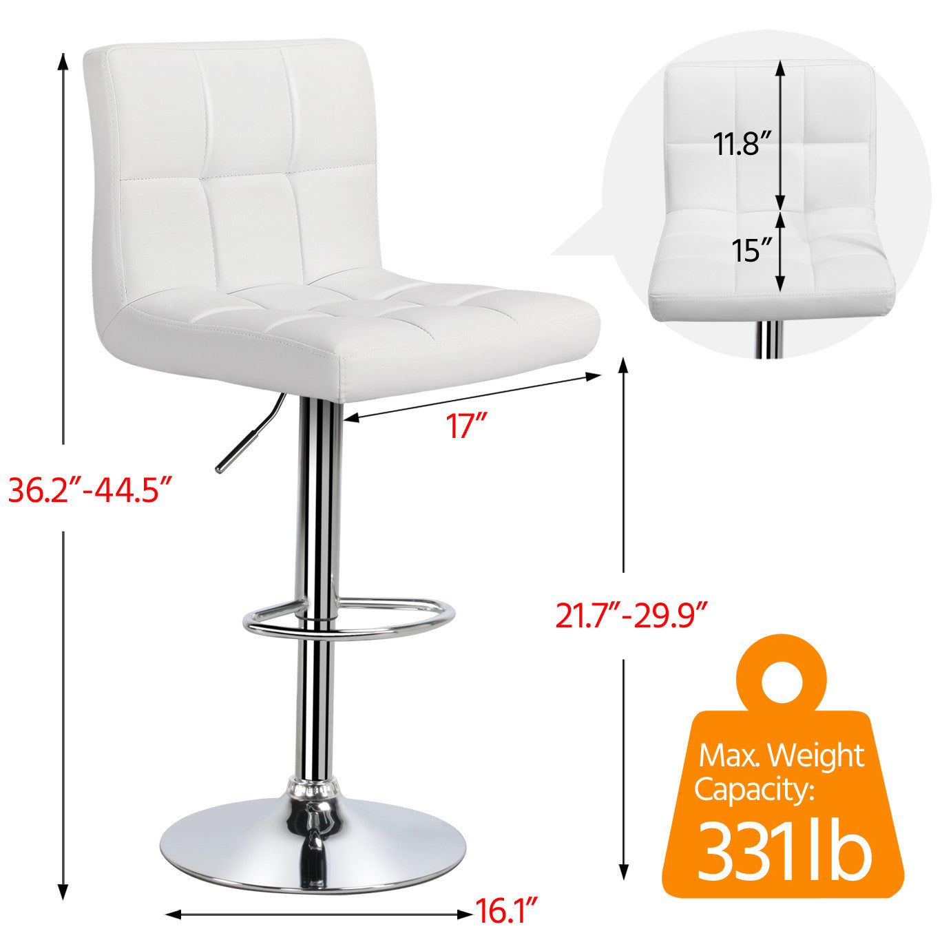 SMILE MART 2pcs Adjustable Faux Leather Bar Stools for Dining room， White