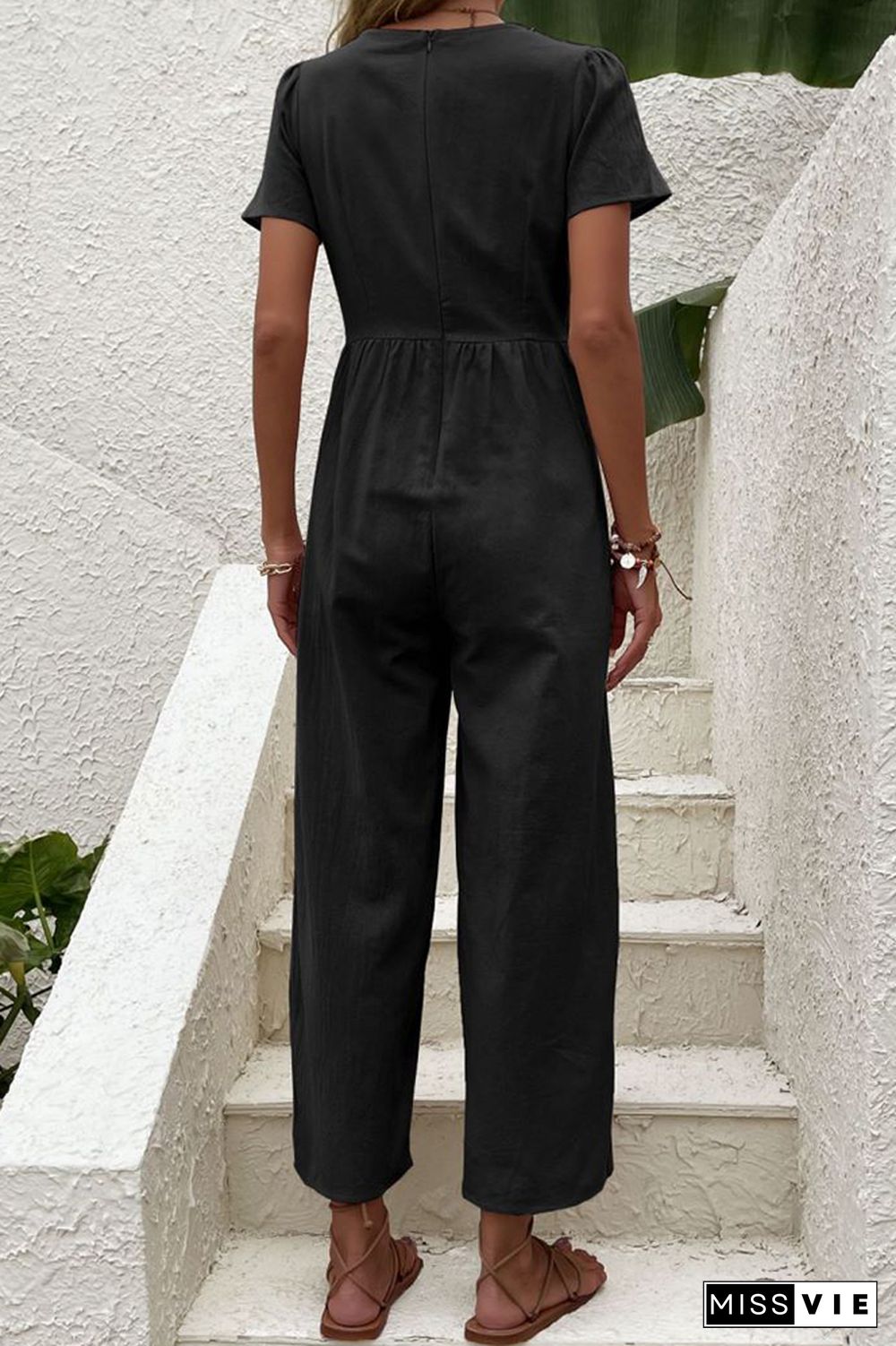 Plain V Neck Button Jumpsuit Wholesale