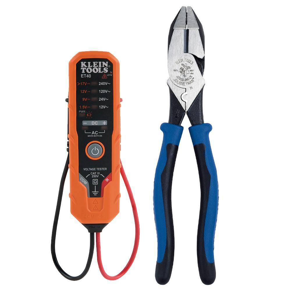 Klein Tools 9 in. Journeyman Heavy-Duty Side Cutting Crimping Pliers and Electronic ACDC Voltage Tester Tool Set M2O41636KIT