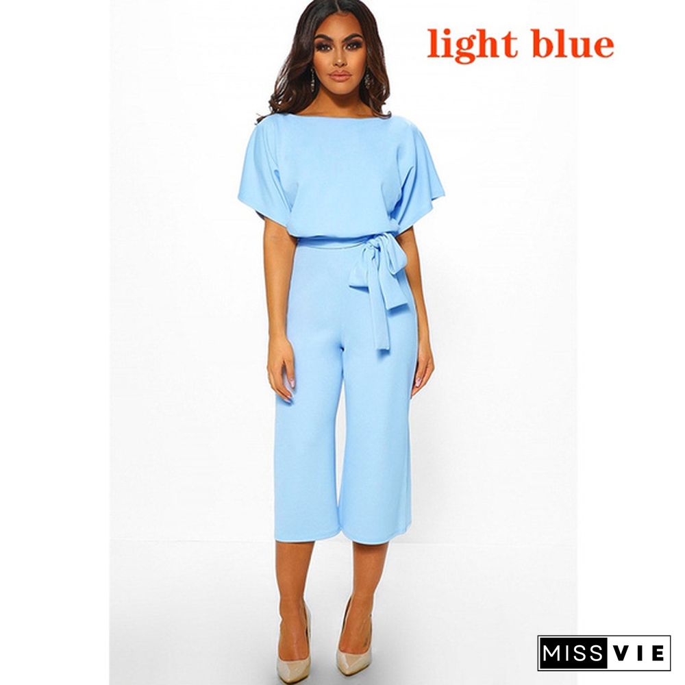 Women Casual Wide Leg Solid Color Business Wear Short Sleeve Jumpsuit