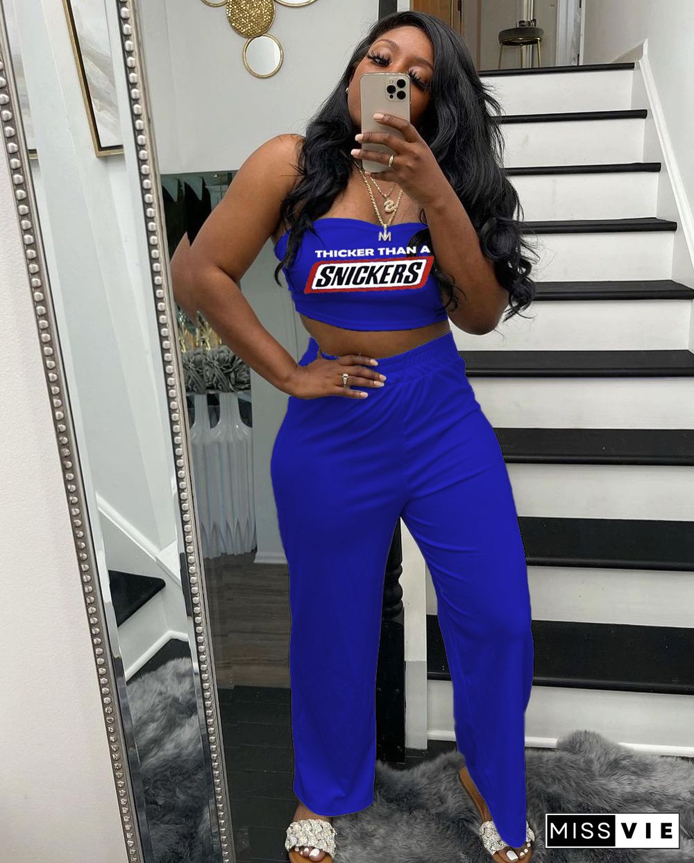 Strapless Crop Top Wide Leg Pants Two Piece Set