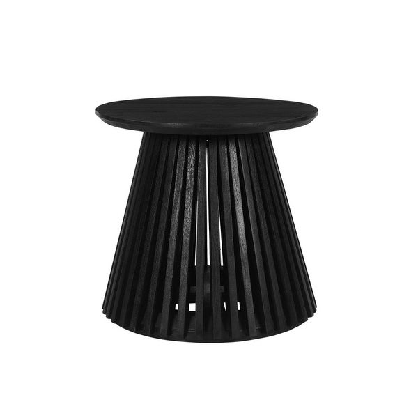 Ridge 20 Inch Handcrafted Mango Wood Round End Side Table， Slatted Flared Base， Black - 19 H x 20 W x 20 L Inches