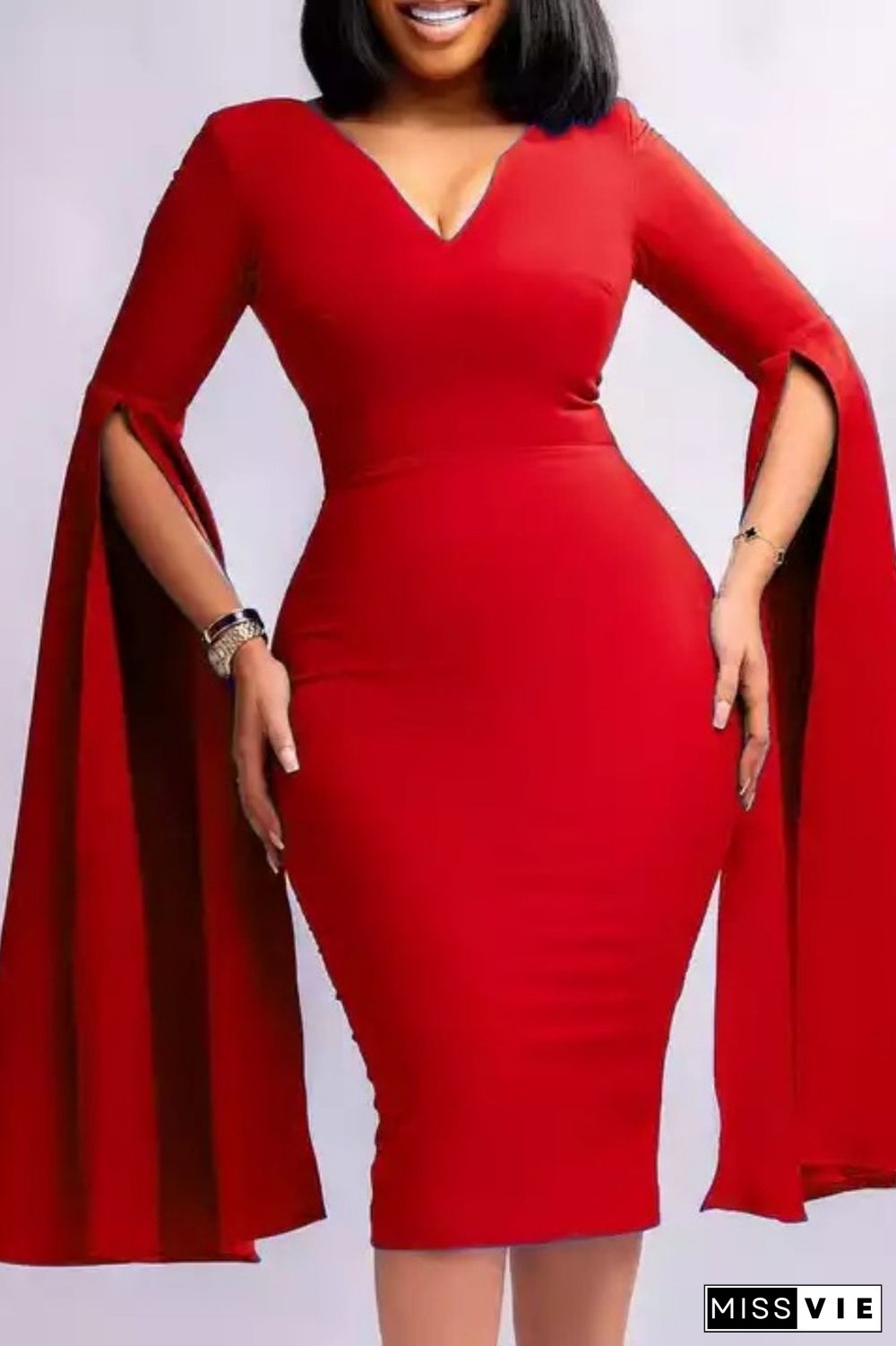 Red Casual Solid Slit V Neck Pencil Skirt Dresses