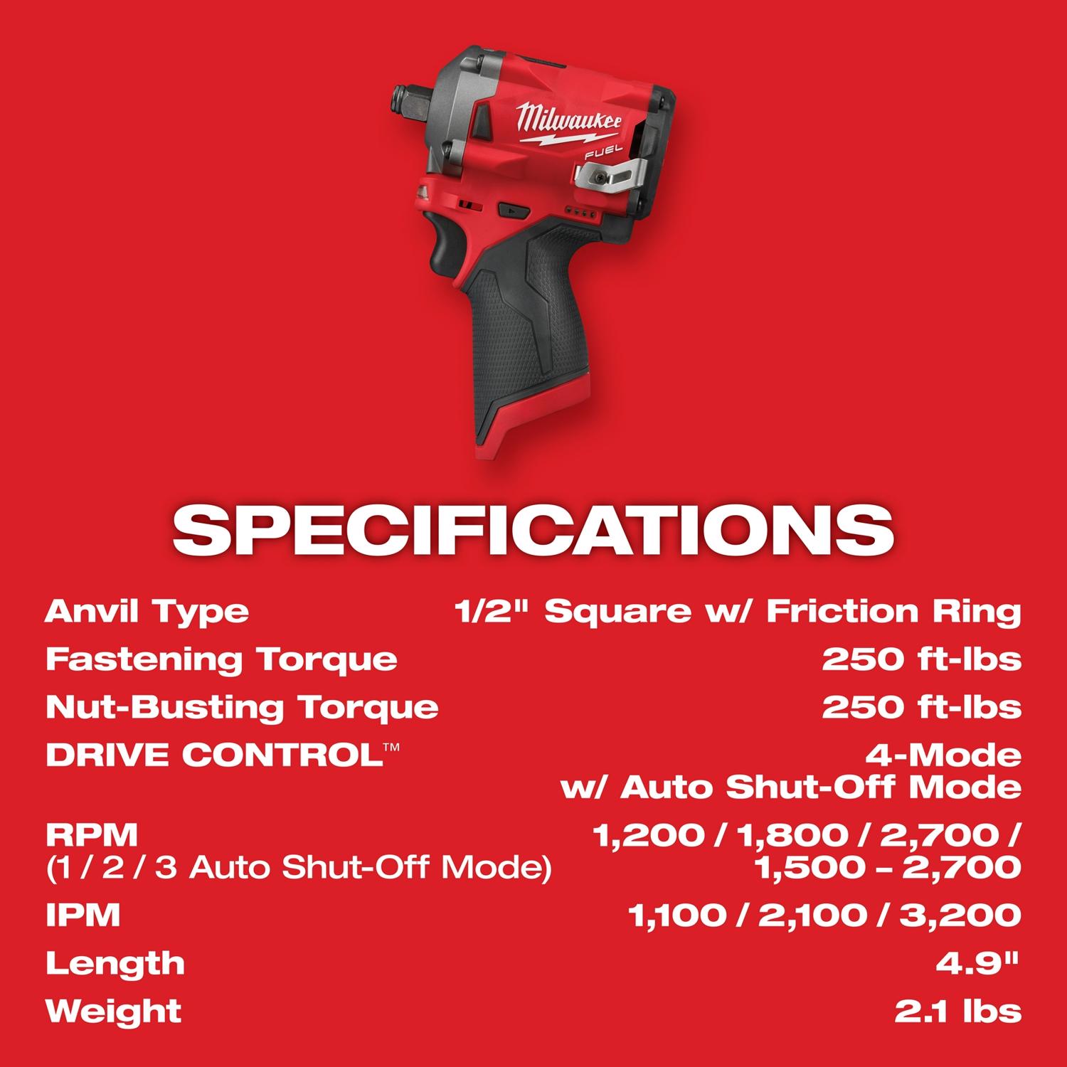 MW M12 FUEL 12 V 1/2 in. Cordless Brushless Stubby Impact Wrench Kit (Battery \u0026 Charger)