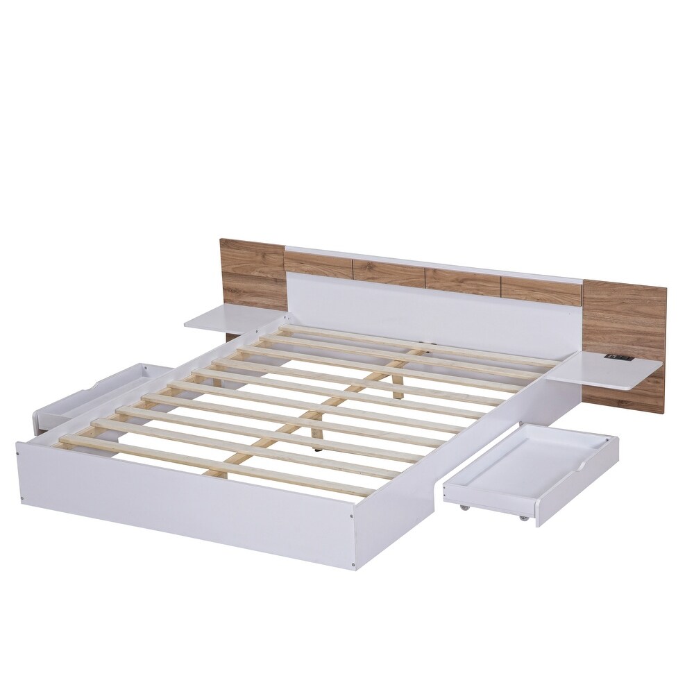 Queen Size Platform Bed with Headboard  Drawers  Shelves  USB Ports and Sockets  White