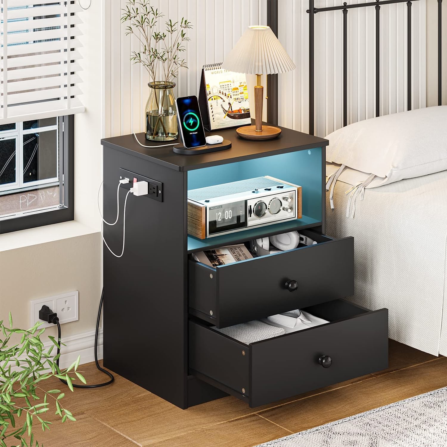 Nightstand with Charging Station and LED Lights, Modern Bedside Table with Drawers and Open Storage,2 USB Charging Ports,Bedroom