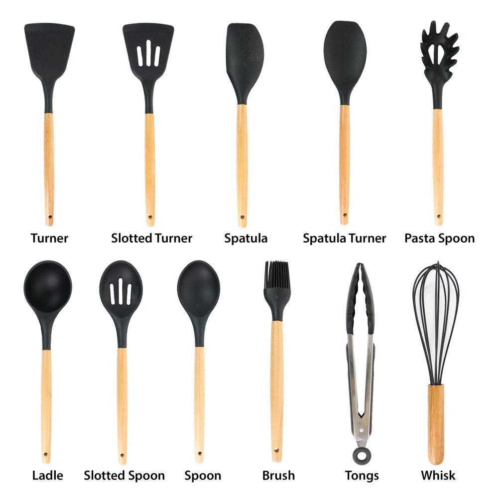 MegaChef Black Silicone and Wood Cooking Utensils (Set of 12) 985114360M