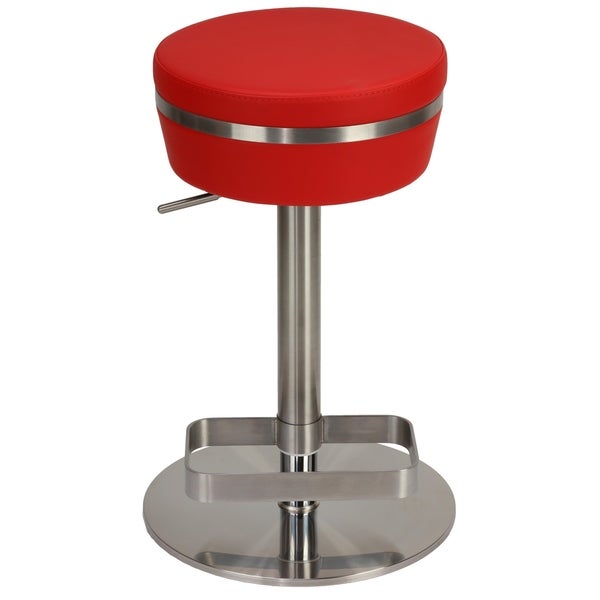 Cortesi Home Athena Premium Adjustable Backless Round Barstool in Brushed Stainless Steel with Heavy Solid Base， Red