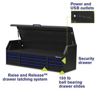 Montezuma 72 in. x 24 in. 10-Drawer Tool Top Chest with Power and USB Outlets in Black and Blue BKM722410CH