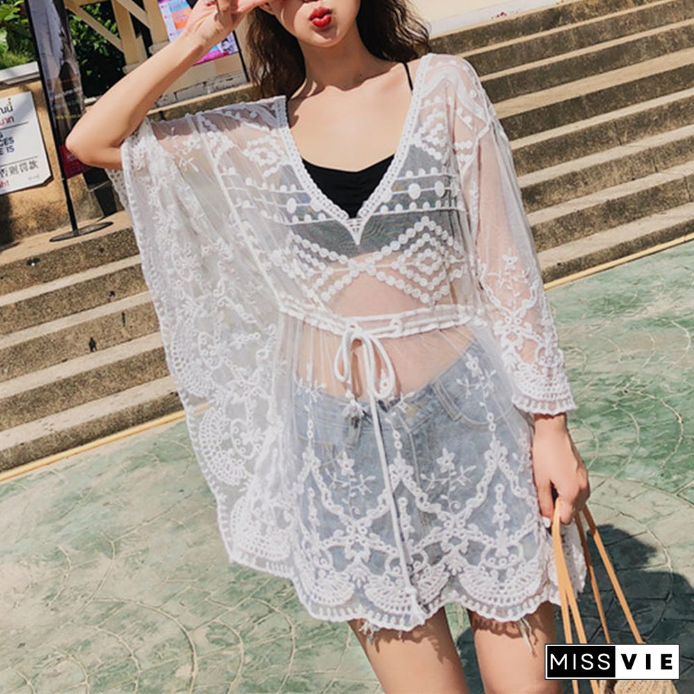 Crochet Embroidery Batwing White Lace Mesh Bathing Suit Swim Cover Up Beach Dress