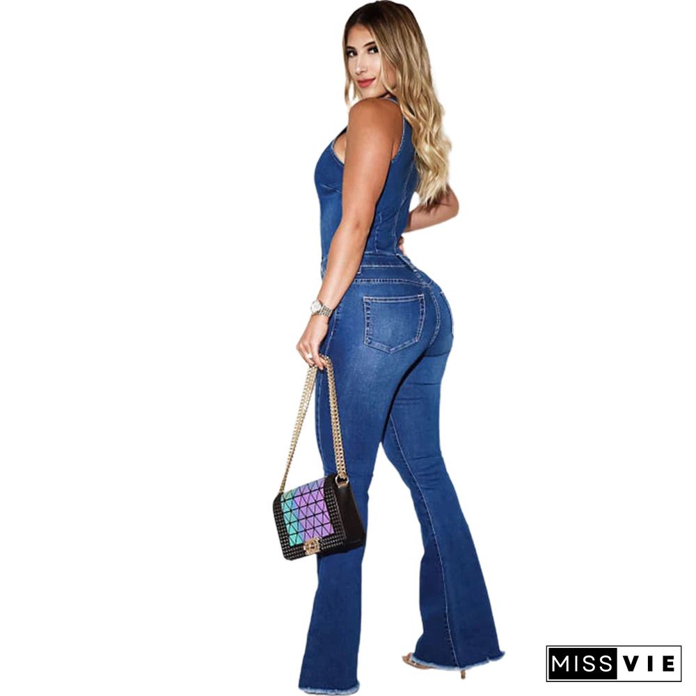 Cut Out High Waist Sleeveless Denim Jumpsuit