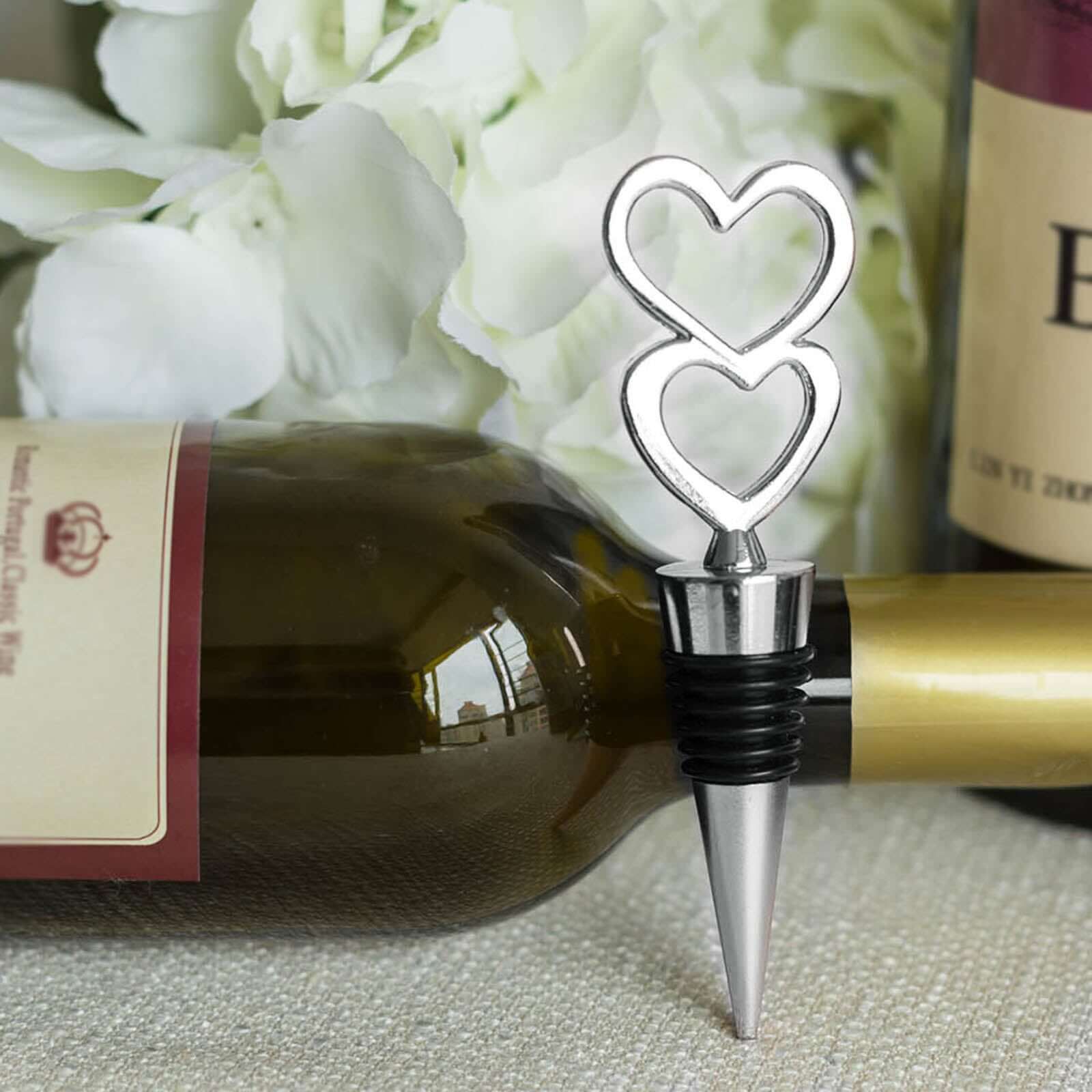 Silver Metal Double Heart Wine Bottle Stopper, Party Favor, Wedding Favor With Velvet Gift Box 5