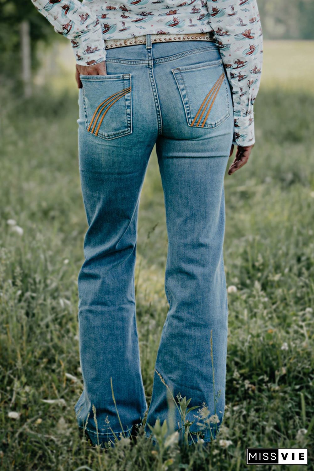 Embroidered Pocket Mid Waist Straight Leg Jeans Without Belt