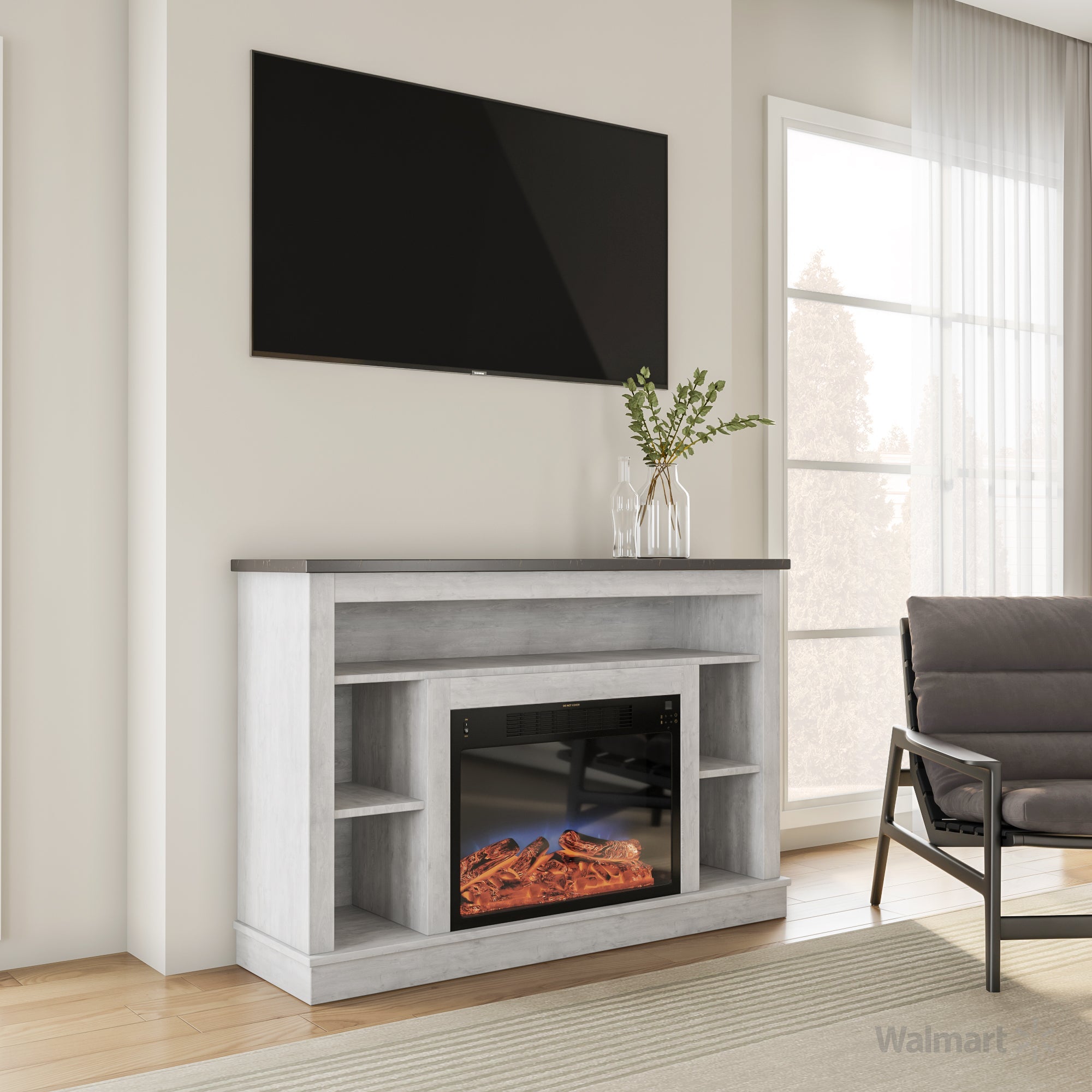 Cambridge Seville 47'' Freestanding Electric Multi-Color LED Fireplace with Log Insert and Remote | White Mantel | For Rooms up to 210 Sq.Ft. | Adjustable Heat Settings | Timer