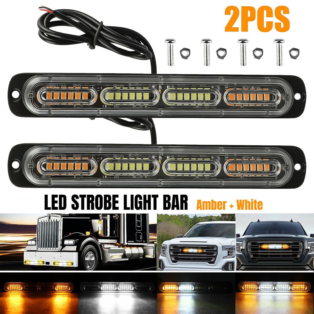 2PCS Amber/White 24LED Car Truck Emergency Warning Hazard Flash Strobe Light Bar