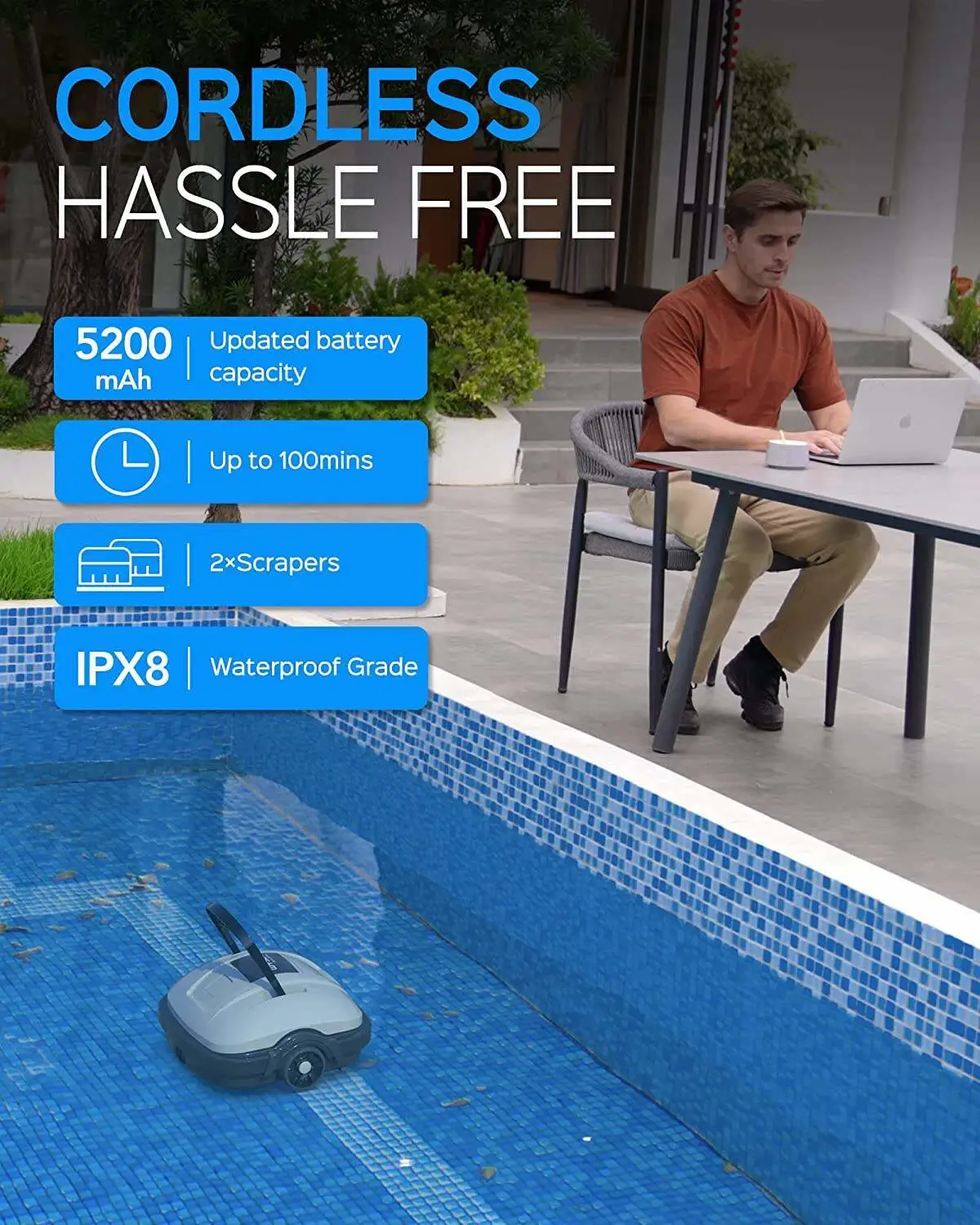 Cordless Robotic Pool Cleaner, Automatic Pool Vacuum, IPX8 Waterproof, Dual-Motor, 180μm Fine Filter, Ideal for Above Ground Pool and Flat Bottom In Ground Pool Up to 525 Sq.Ft,