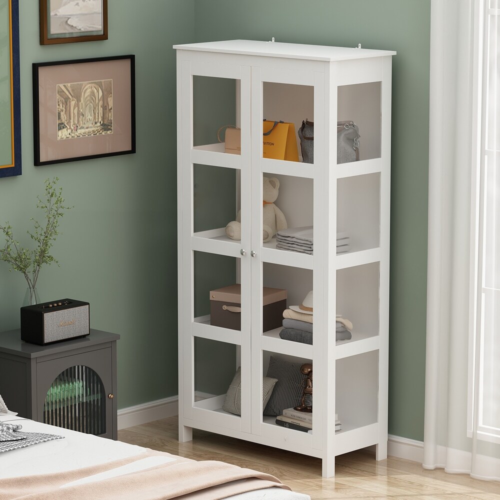 Kerrogee Tall Storage Cabinet with 4 Tier Shelf Acrylic Glass  White   70.9\