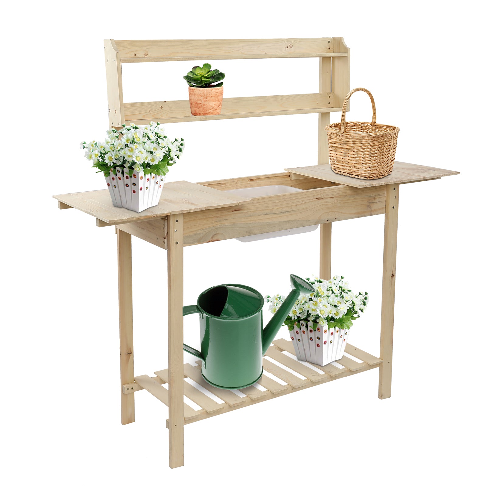 Luckinbaby Sliding Table-top Garden Workbench, Wood Gardening Desk with Shelves