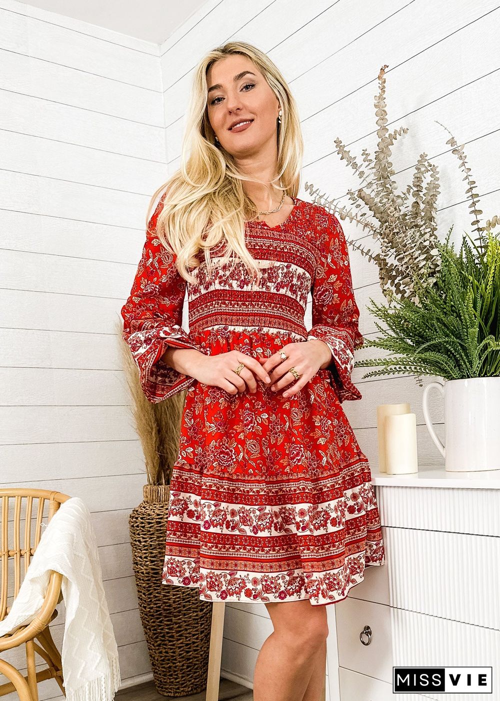 V Neck Bohemian Print Dress