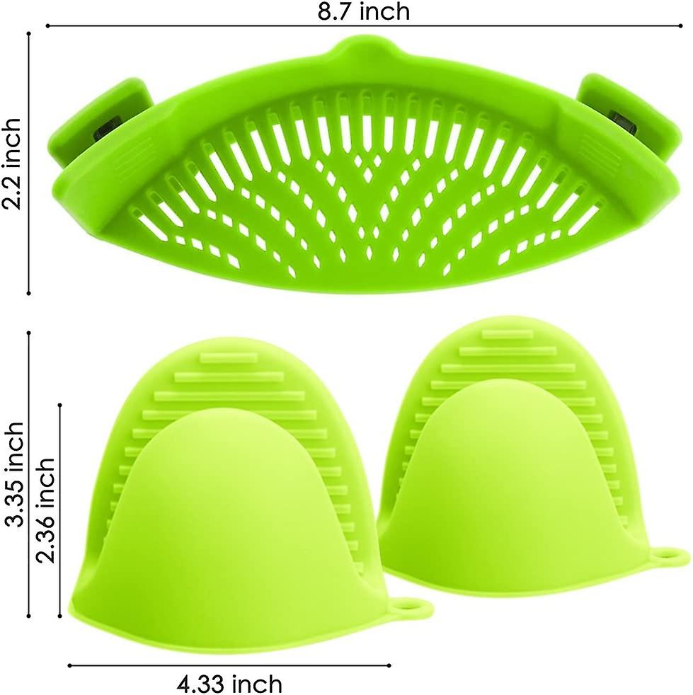 Silicone Clip-on Strainer Colander， Hands-free Heat Resistant Drainer Filter For Pot Bowl Pan Pasta Spaghetti Vegetable， With 2 Silicone Gloves- Green