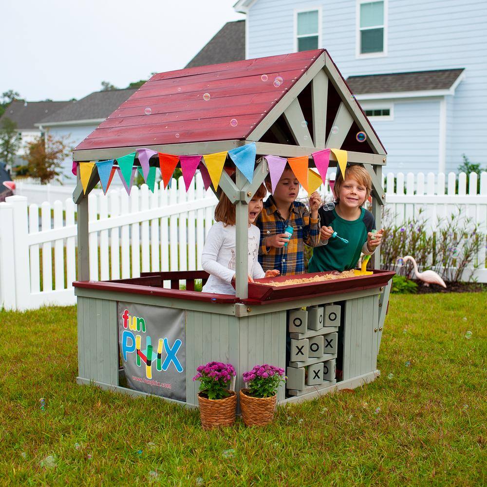 Funphix Hangout Hut Kids Outdoor Wooden Playhouse with Sandbox and Tic Tac Toe WPHX-2201