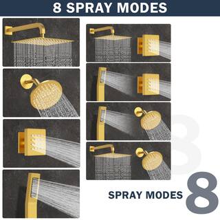 CRANACH 8-Spray 12 in. Wall Mount Dual Shower Head and Handheld Shower Head 2.5 GPM with 6-Jets in Brushed Gold(Valve Included) SRSFS-1017-GD12