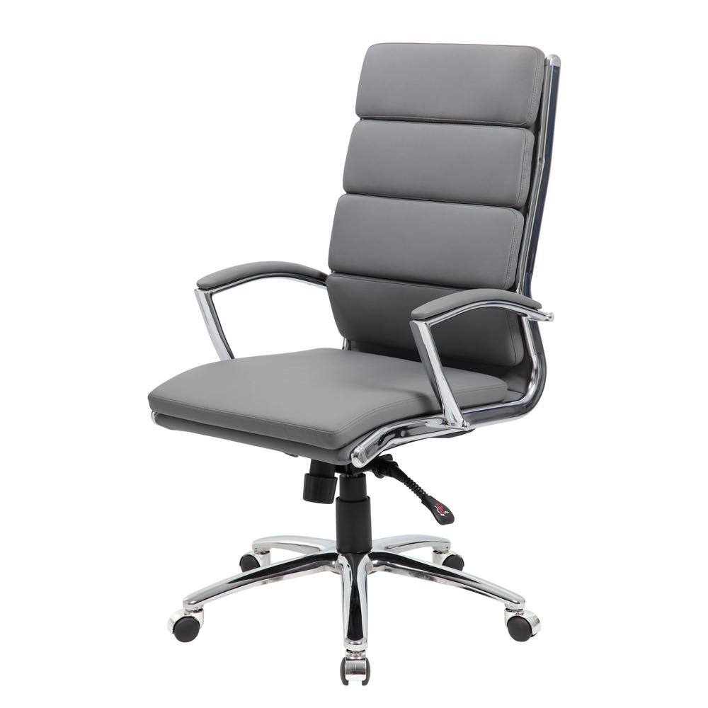 BOSS Office Products Gray Leather High Back Executive Chair Chrome Finish with Padded Arms B9471-GY