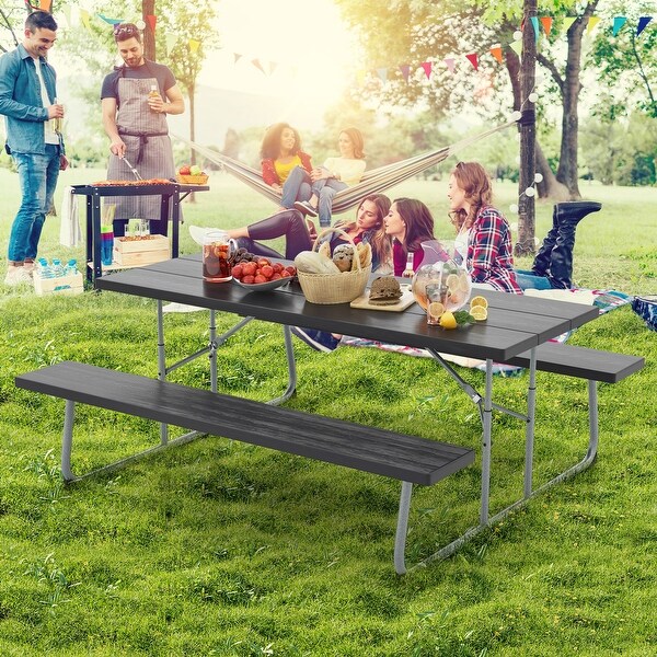 Folding Picnic Table Set with Metal Frame and AllWeather HDPE Tabletop，Umbrella Hole