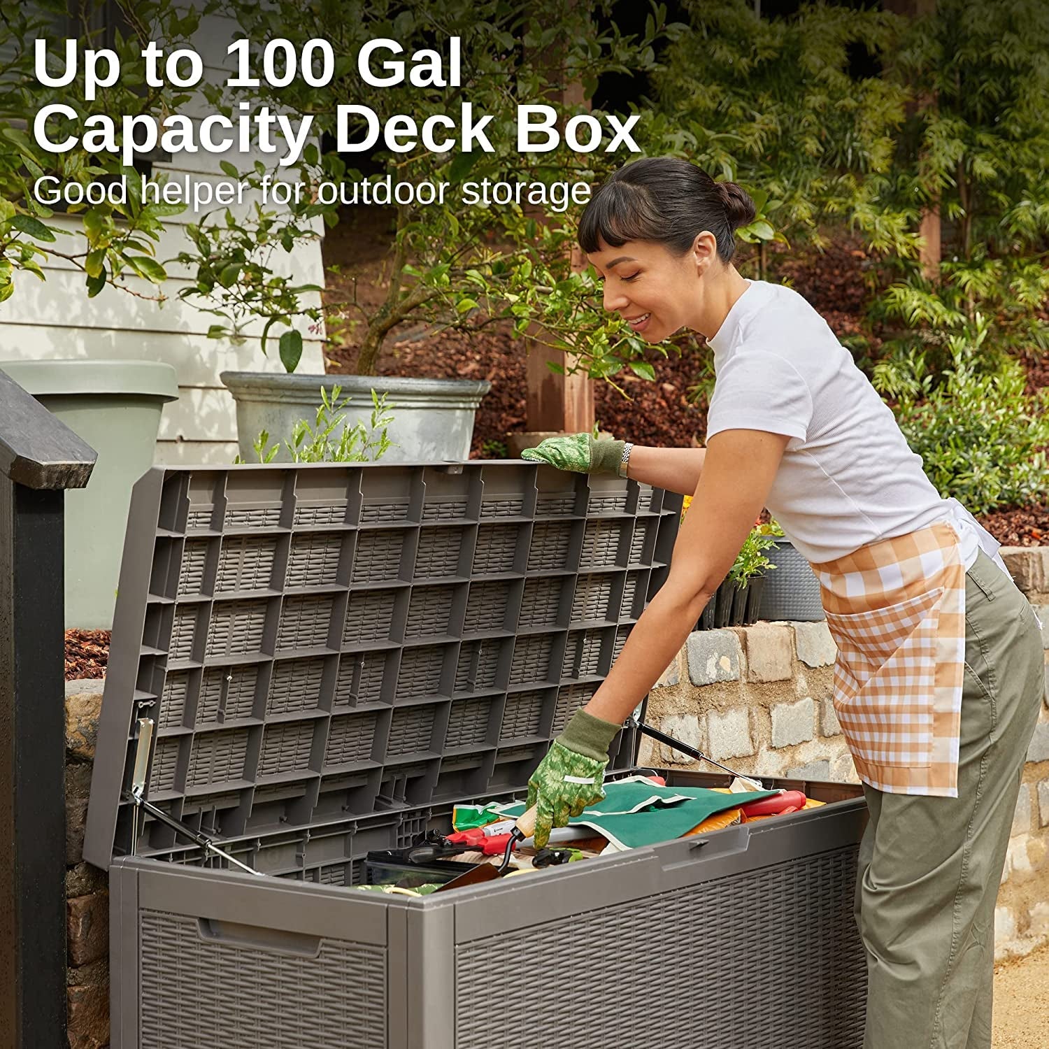 100 Gallon Large Deck  Outdoor  Box with Padlock for Patio Furniture  Cushions  Gardening   Pool Supplies  Waterproof and UV Resistant  660lbs Weight Capacity  Grey