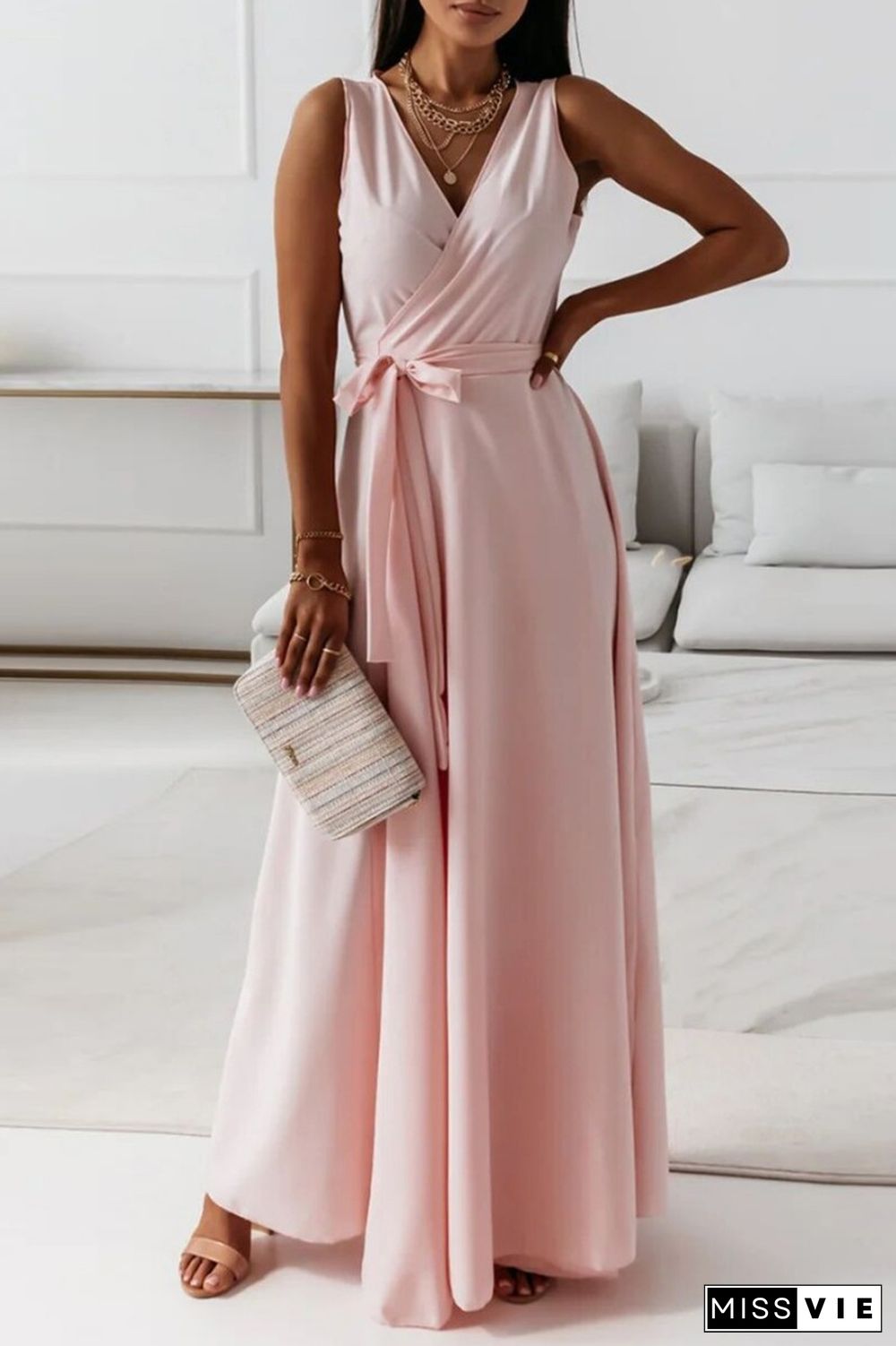 Pink Casual Solid Frenulum V Neck Long Dress Dresses