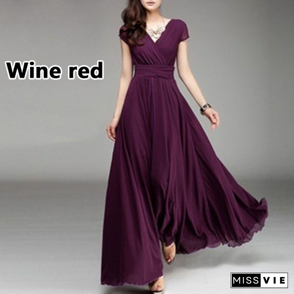 Women's Fashion Spring Summer Autumn Bohemian Maxi Dress Beach Evening Dress V-neck Sexy Women Summer Boho Long Dress Evening Party Prom Dress Sundress Chiffon Dress Plus Size S-3XL