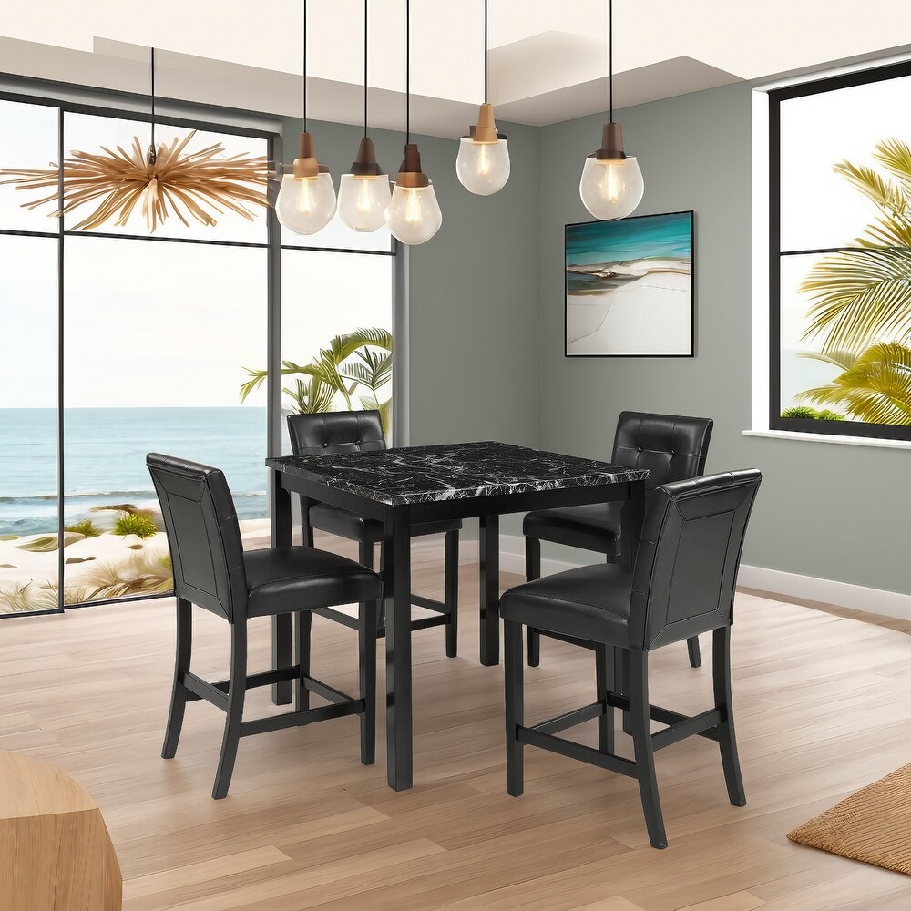 5 Piece Marble Square Dining Table Sets with PU Leather Chairs  Black