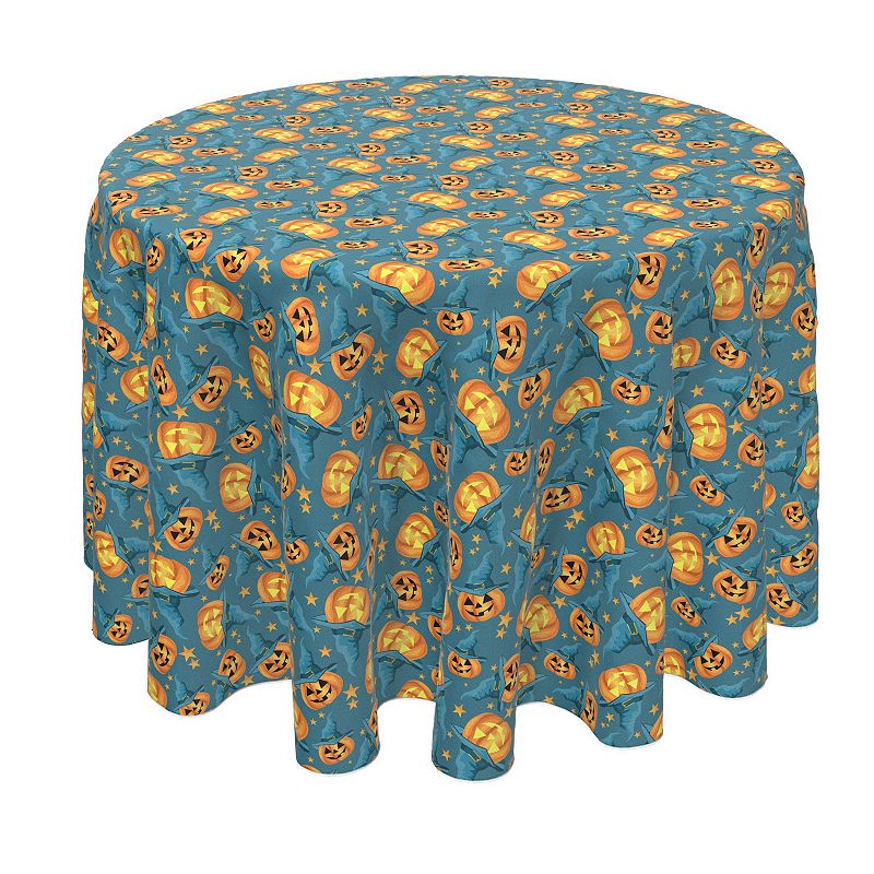 Round Tablecloth， 100% Polyester， 60 Round， Pumpkin Witch Hat and Stars