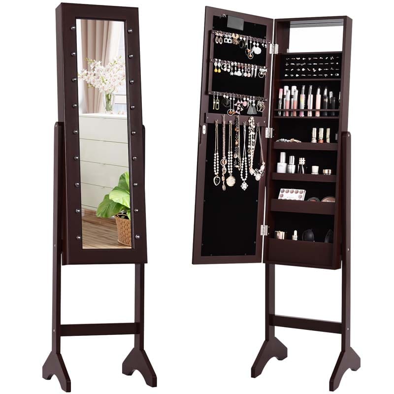 18 LEDs Large Standing Jewelry Armoire Cabinet with Full Length Mirror, 16 Lipstick Holder, 1 Inside Makeup Mirror