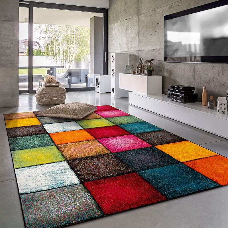 Colorful Area Rug Checkered With Multicolor Squares