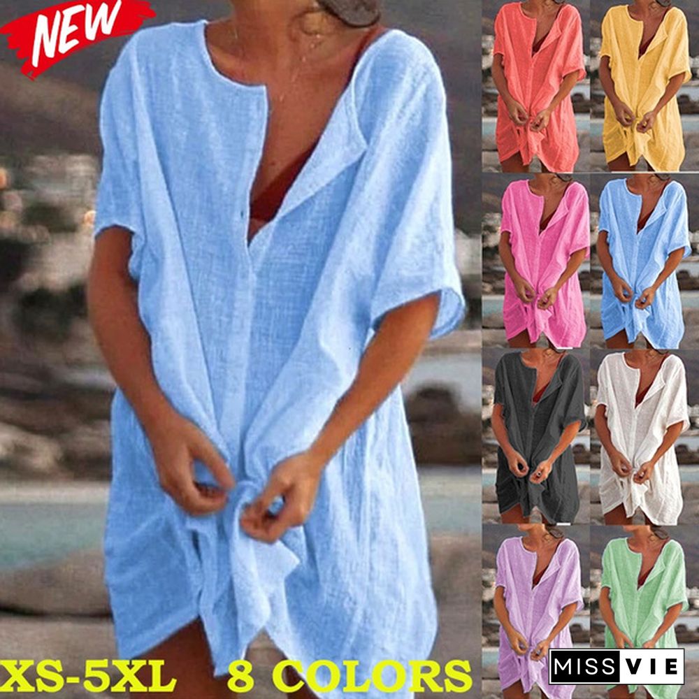 Fashion Summer Clothes Women's Casual Short Sleeve Dresses Beach Wear Robe Femme Swimwear Cover-up Linen Dress Loose Blouses Long T-shirt Deep V-neck Solid Color Swimsuit Cover-ups Dress Mini Party Dress