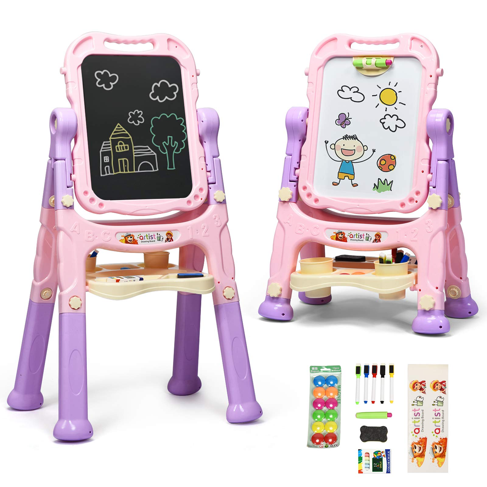 Costzon Art Easel for Kids, Height Adjustable 360 Rotate Double Sided Standing Art Drawing Board w/Chalkboard & Whiteboard