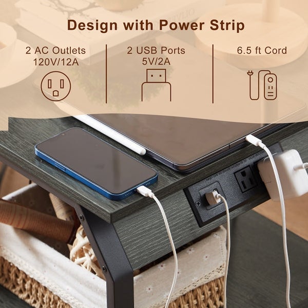 End Table with Charging Station， Side Table with USB Ports and Outlets - 17.3’’W*17.9’’D*21.2’’H