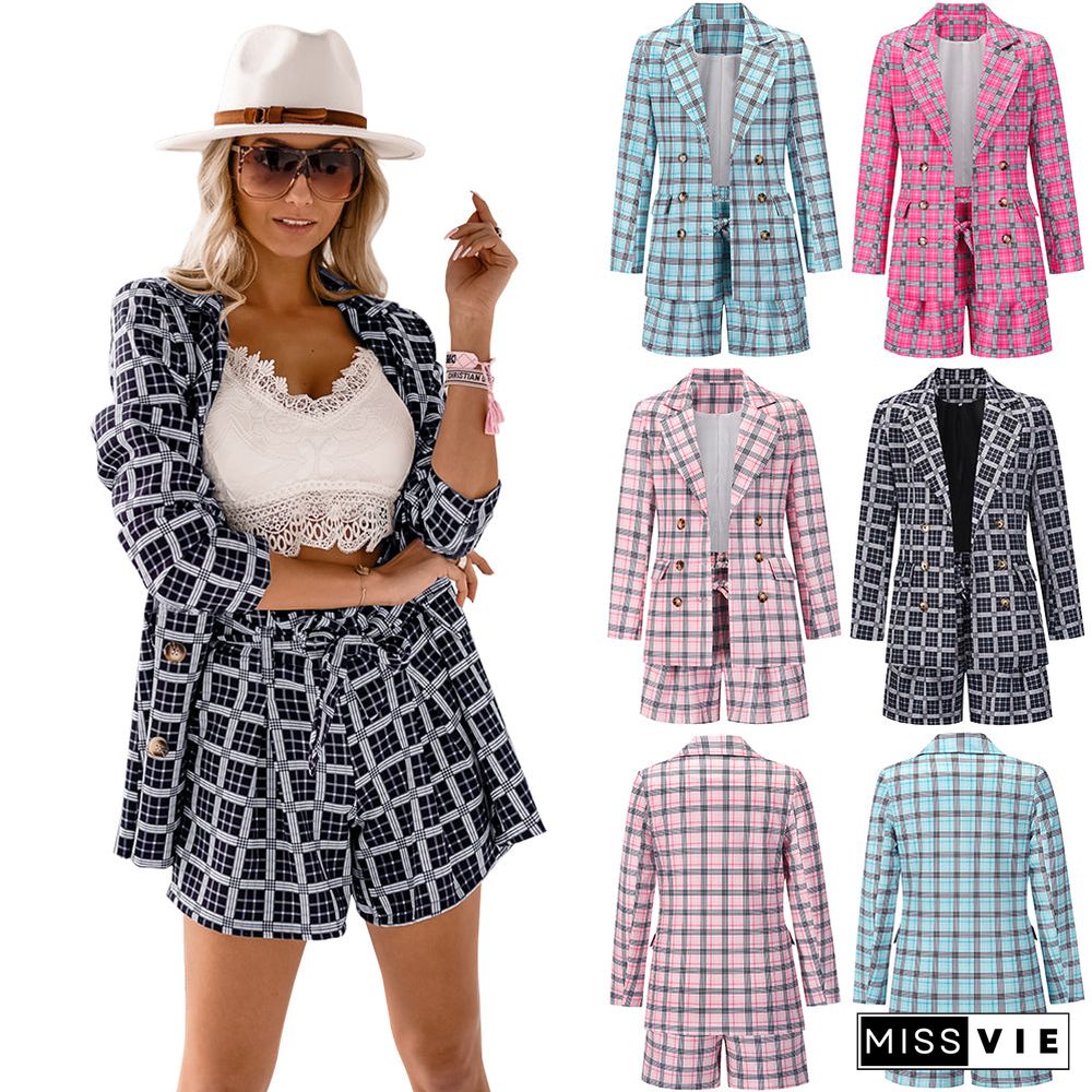 Plaid Notched Lapel 2 Piece Blazer Tie Waist Shorts Set