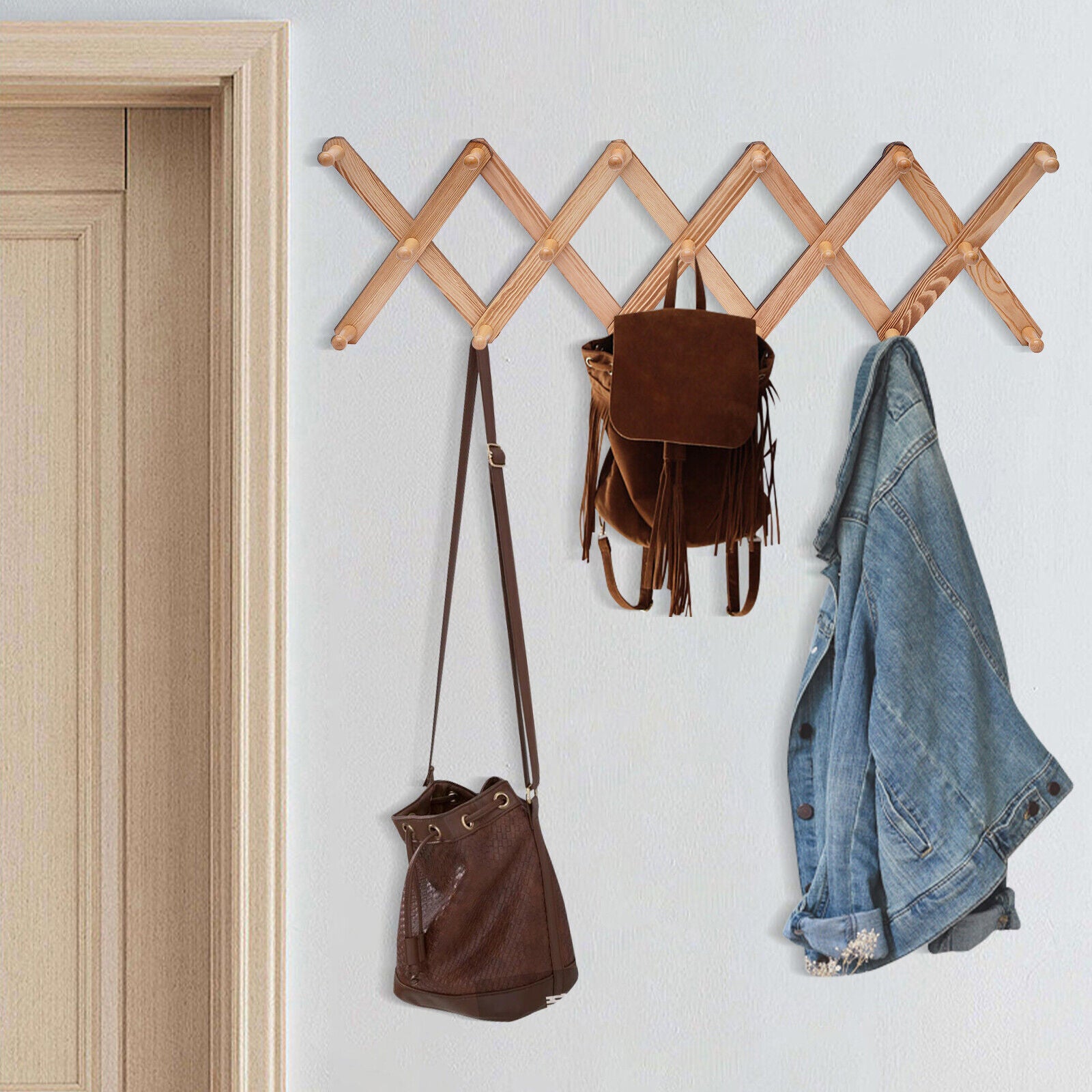 Wooden Wall-mounted Coat Rack Hat Rack Expandable Accordian Wall Hanger 17 Hooks